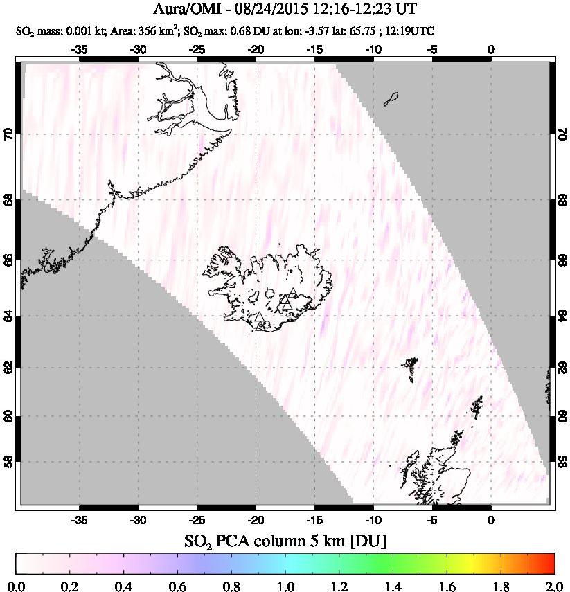 A sulfur dioxide image over Iceland on Aug 24, 2015.