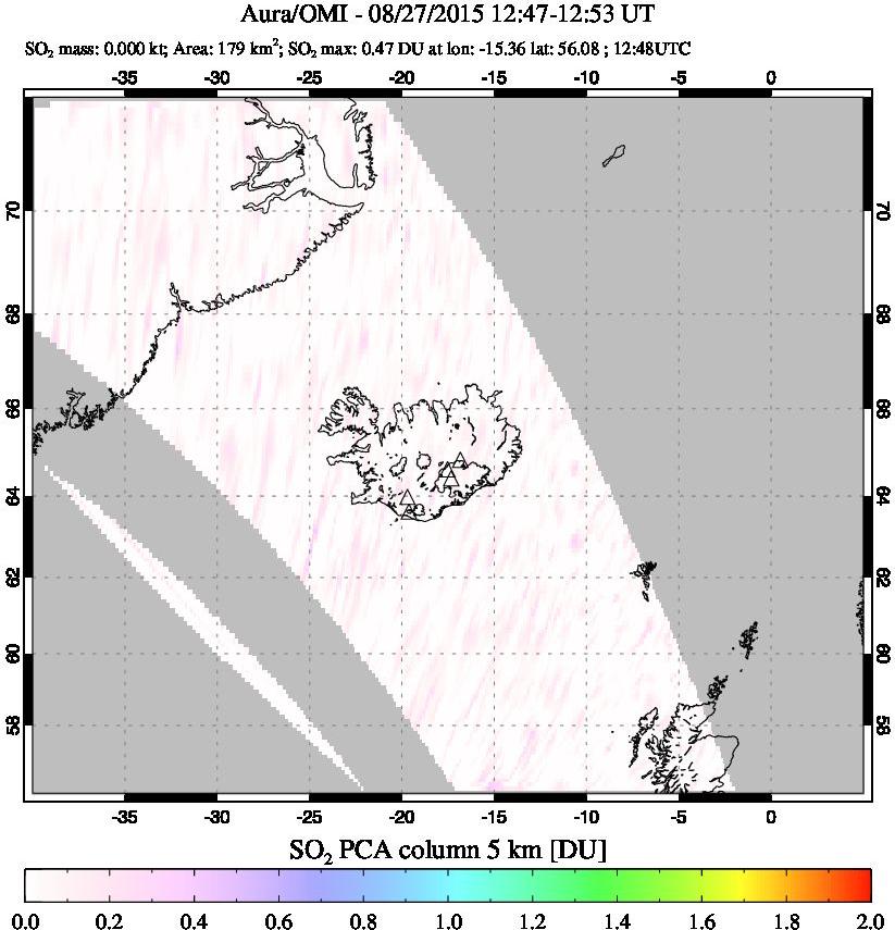 A sulfur dioxide image over Iceland on Aug 27, 2015.