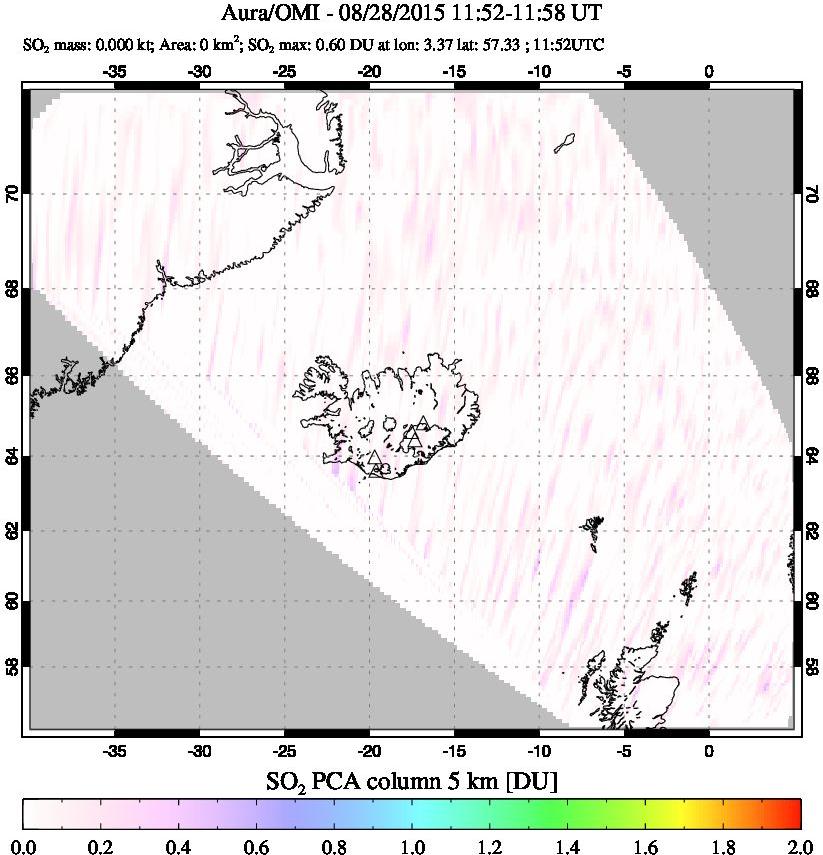 A sulfur dioxide image over Iceland on Aug 28, 2015.