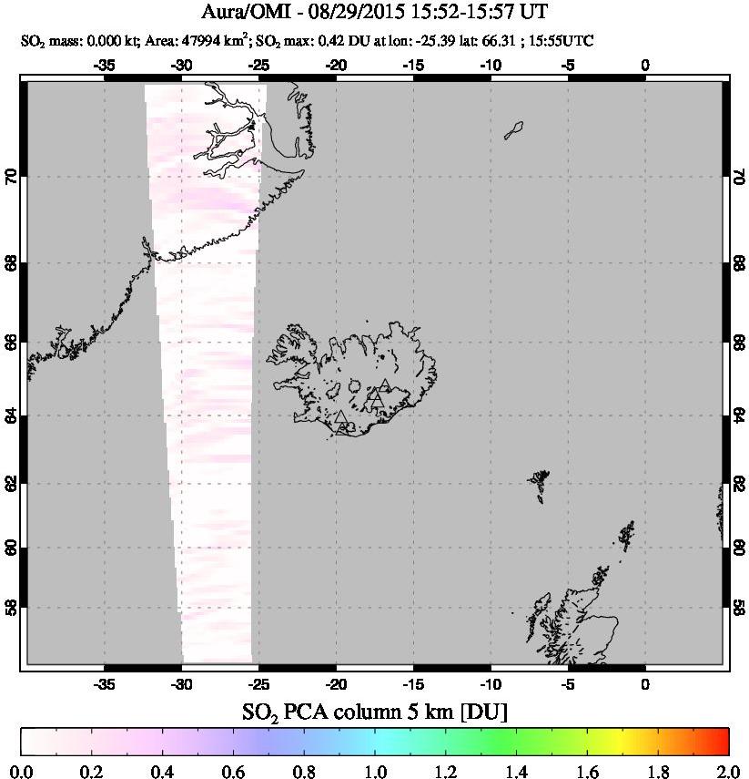 A sulfur dioxide image over Iceland on Aug 29, 2015.