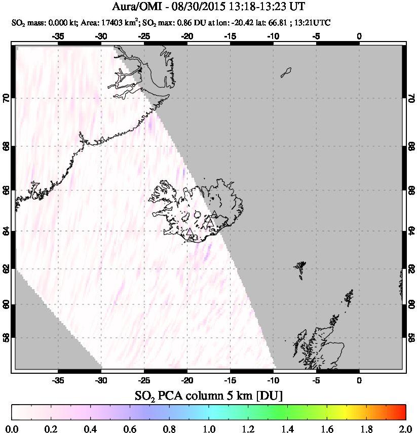 A sulfur dioxide image over Iceland on Aug 30, 2015.