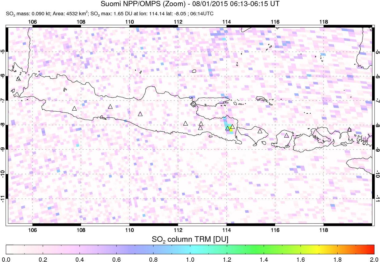 A sulfur dioxide image over Java, Indonesia on Aug 01, 2015.