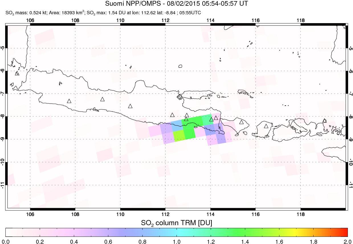 A sulfur dioxide image over Java, Indonesia on Aug 02, 2015.