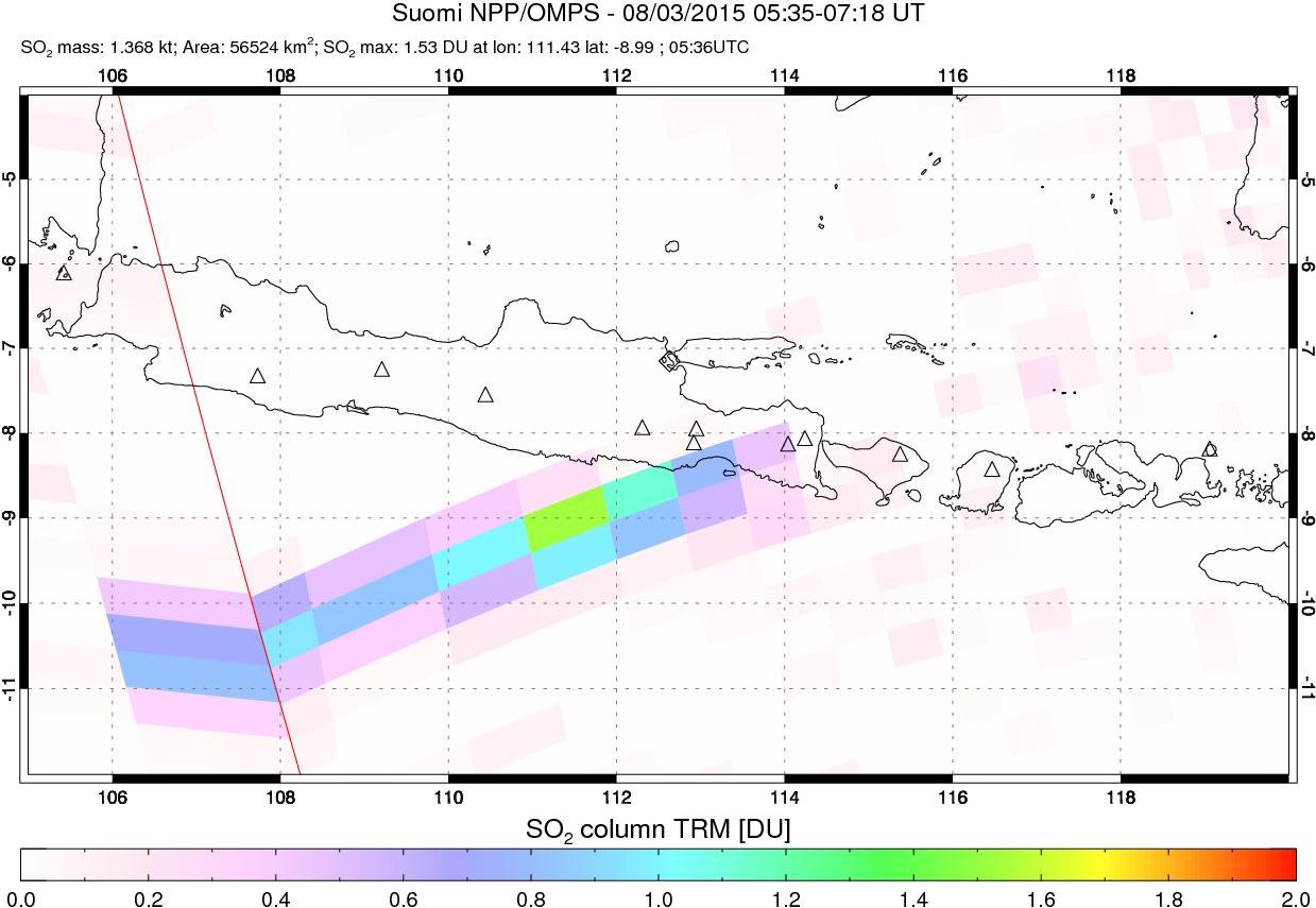 A sulfur dioxide image over Java, Indonesia on Aug 03, 2015.