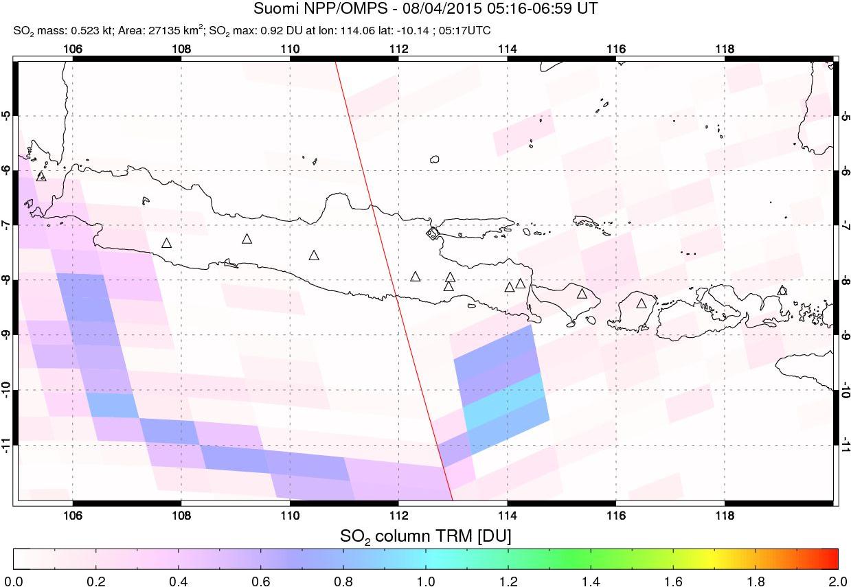 A sulfur dioxide image over Java, Indonesia on Aug 04, 2015.