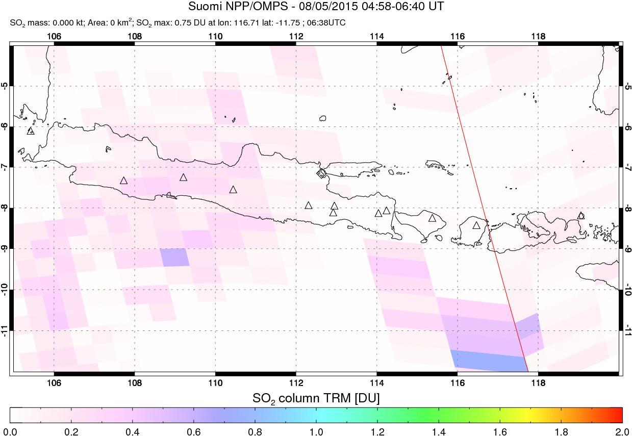 A sulfur dioxide image over Java, Indonesia on Aug 05, 2015.