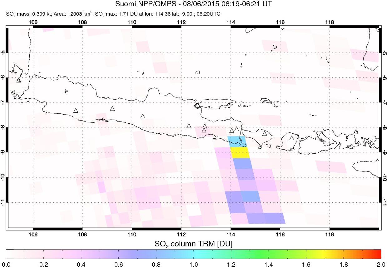 A sulfur dioxide image over Java, Indonesia on Aug 06, 2015.