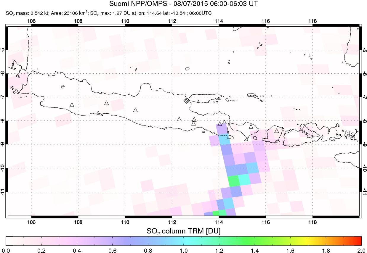 A sulfur dioxide image over Java, Indonesia on Aug 07, 2015.