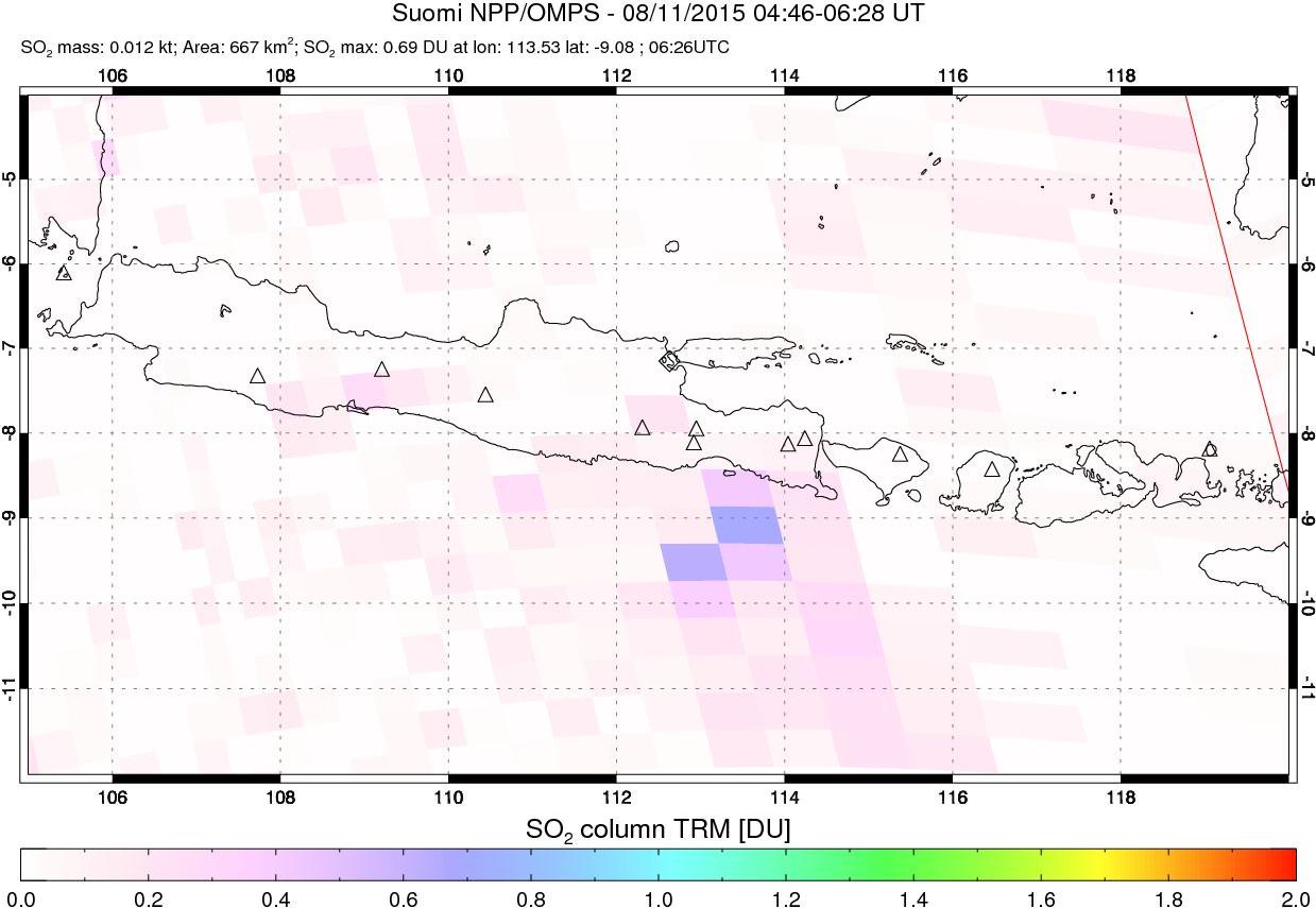 A sulfur dioxide image over Java, Indonesia on Aug 11, 2015.
