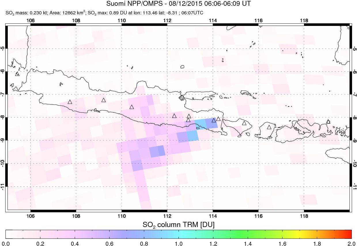 A sulfur dioxide image over Java, Indonesia on Aug 12, 2015.
