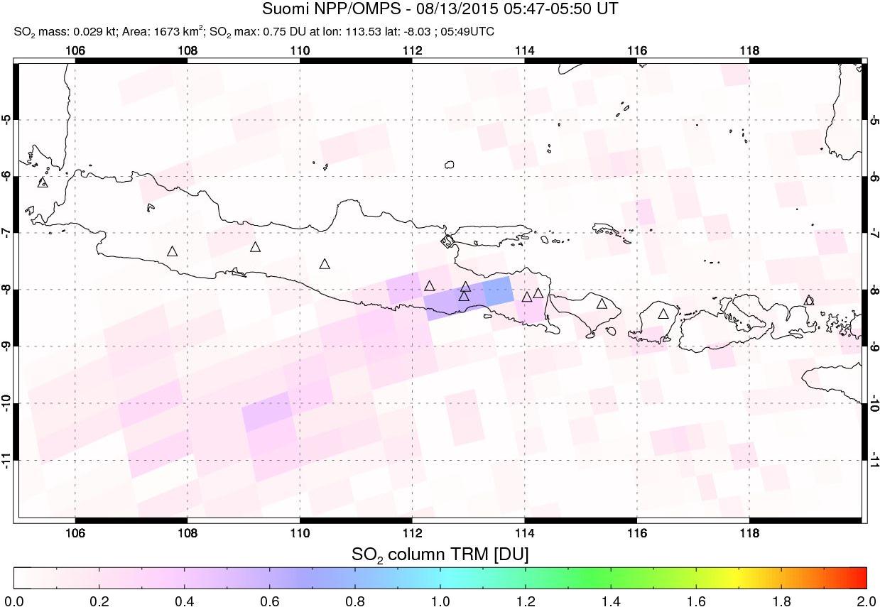 A sulfur dioxide image over Java, Indonesia on Aug 13, 2015.