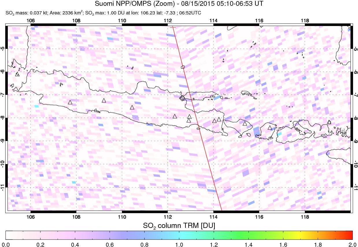 A sulfur dioxide image over Java, Indonesia on Aug 15, 2015.