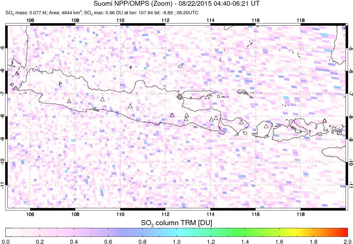 A sulfur dioxide image over Java, Indonesia on Aug 22, 2015.