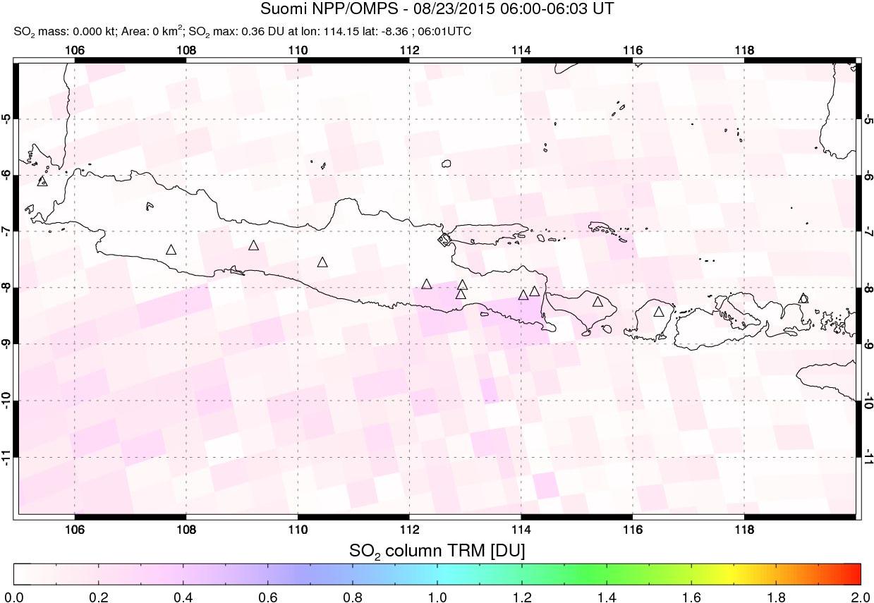 A sulfur dioxide image over Java, Indonesia on Aug 23, 2015.