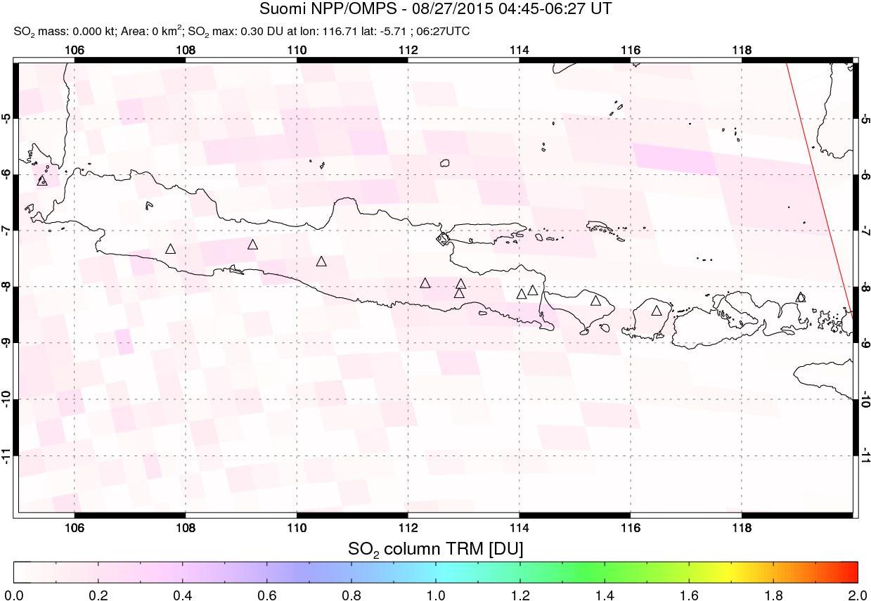 A sulfur dioxide image over Java, Indonesia on Aug 27, 2015.