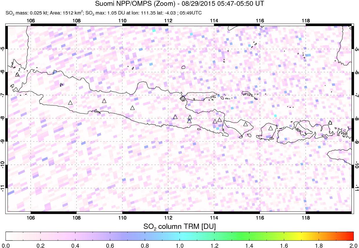 A sulfur dioxide image over Java, Indonesia on Aug 29, 2015.