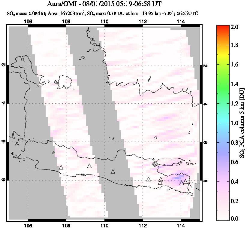 A sulfur dioxide image over Java, Indonesia on Aug 01, 2015.