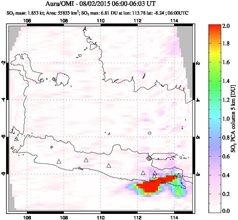 A sulfur dioxide image over Java, Indonesia on Aug 02, 2015.