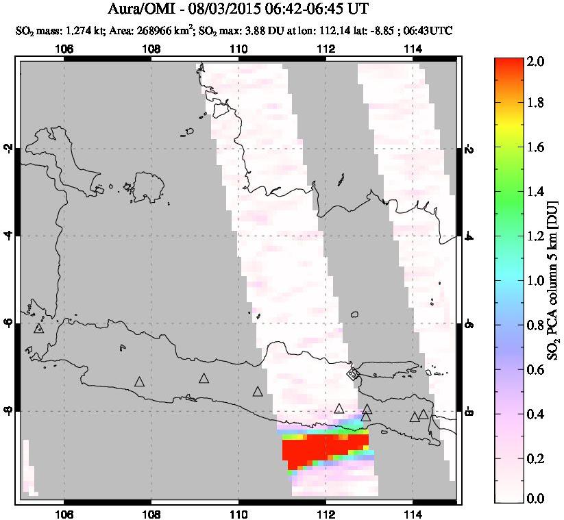 A sulfur dioxide image over Java, Indonesia on Aug 03, 2015.