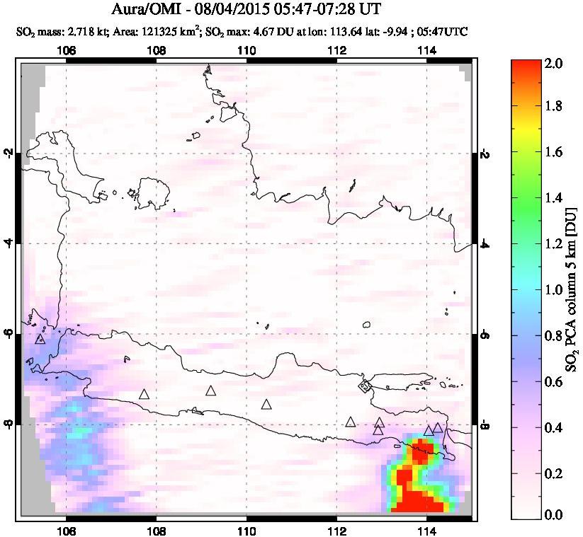 A sulfur dioxide image over Java, Indonesia on Aug 04, 2015.