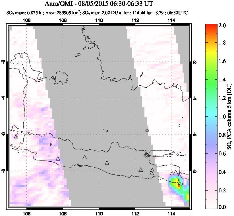 A sulfur dioxide image over Java, Indonesia on Aug 05, 2015.