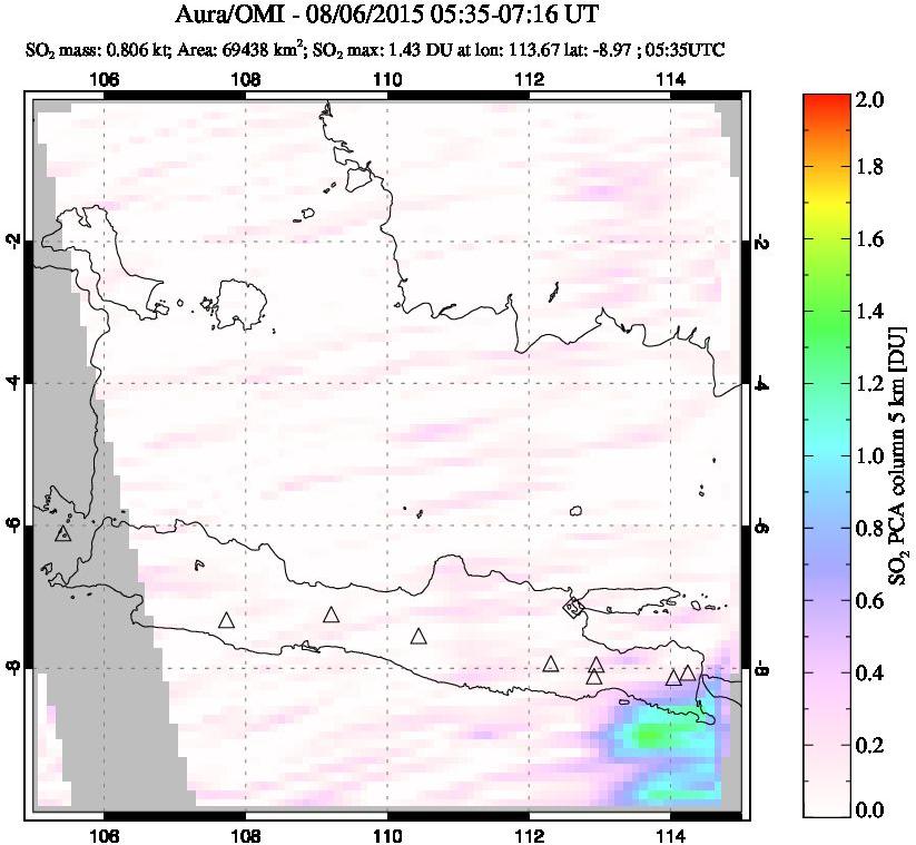 A sulfur dioxide image over Java, Indonesia on Aug 06, 2015.