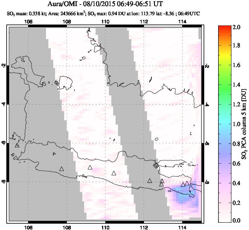 A sulfur dioxide image over Java, Indonesia on Aug 10, 2015.