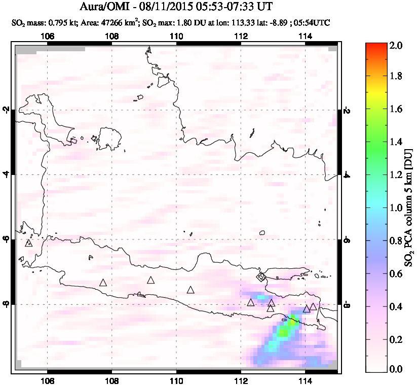 A sulfur dioxide image over Java, Indonesia on Aug 11, 2015.