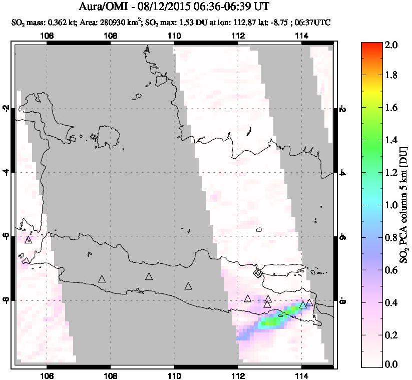 A sulfur dioxide image over Java, Indonesia on Aug 12, 2015.
