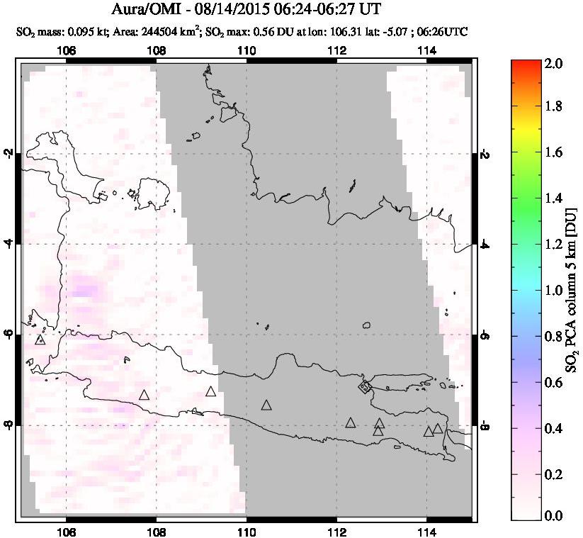 A sulfur dioxide image over Java, Indonesia on Aug 14, 2015.