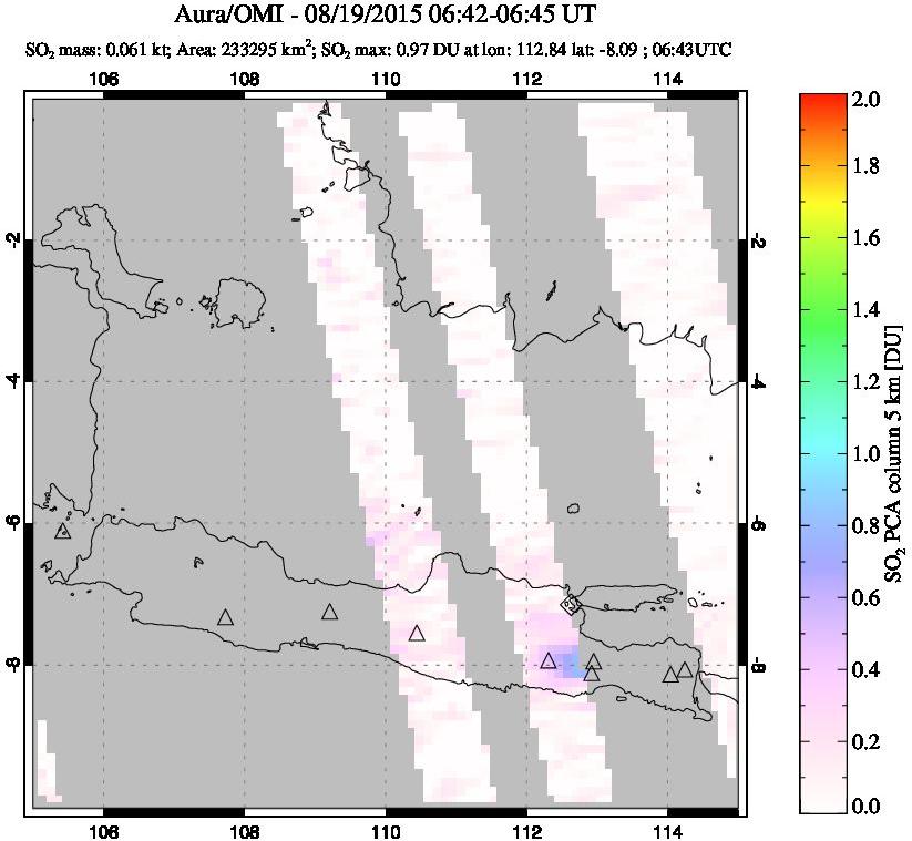 A sulfur dioxide image over Java, Indonesia on Aug 19, 2015.