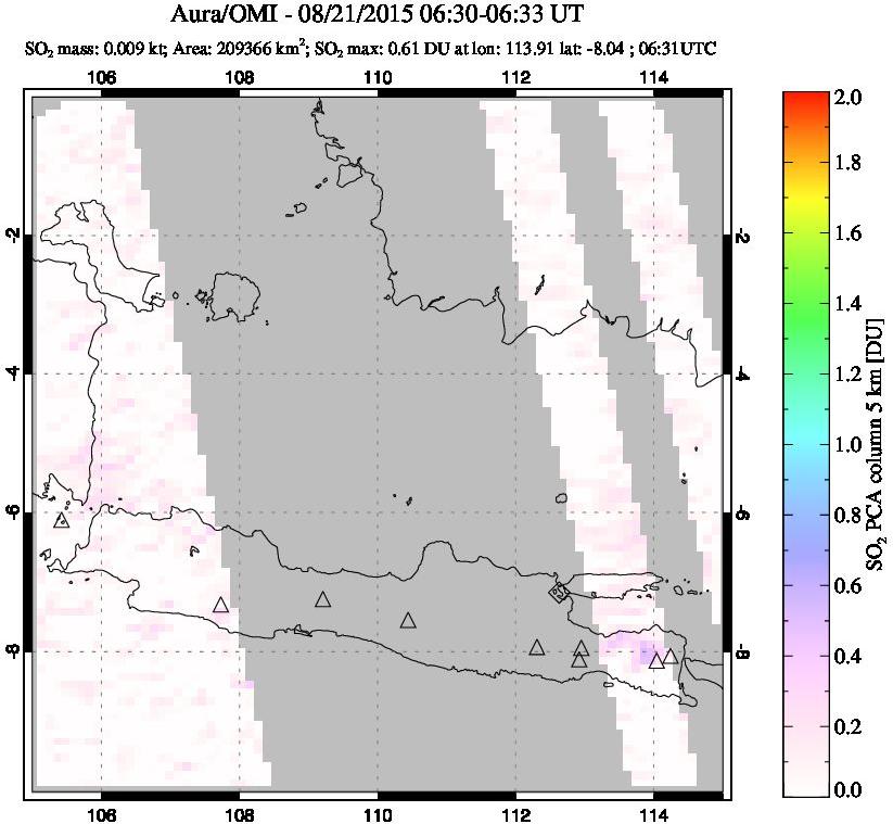 A sulfur dioxide image over Java, Indonesia on Aug 21, 2015.