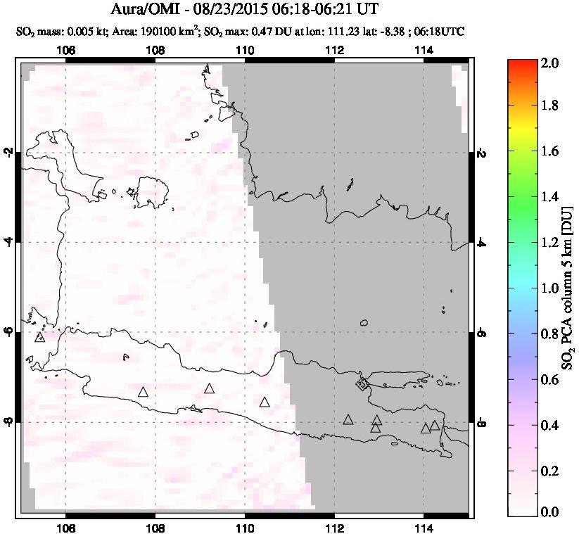 A sulfur dioxide image over Java, Indonesia on Aug 23, 2015.