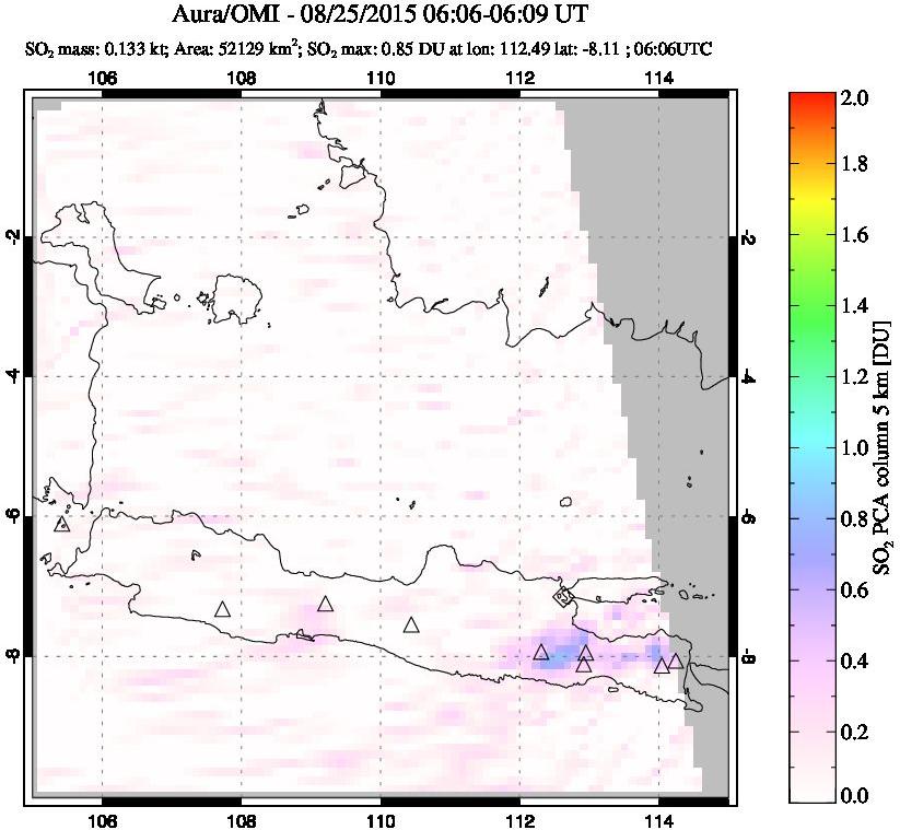 A sulfur dioxide image over Java, Indonesia on Aug 25, 2015.