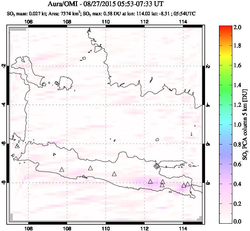 A sulfur dioxide image over Java, Indonesia on Aug 27, 2015.