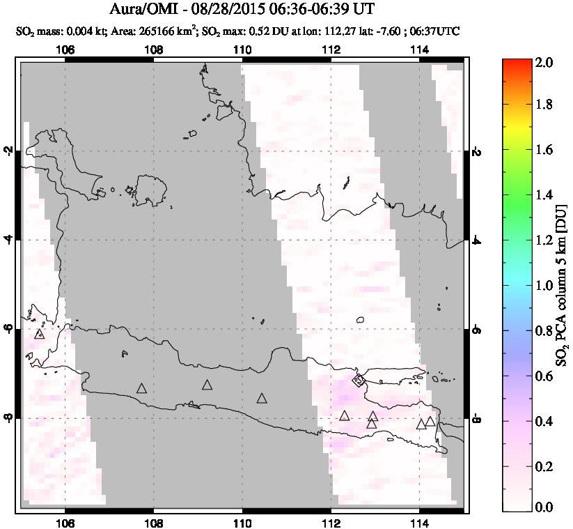 A sulfur dioxide image over Java, Indonesia on Aug 28, 2015.