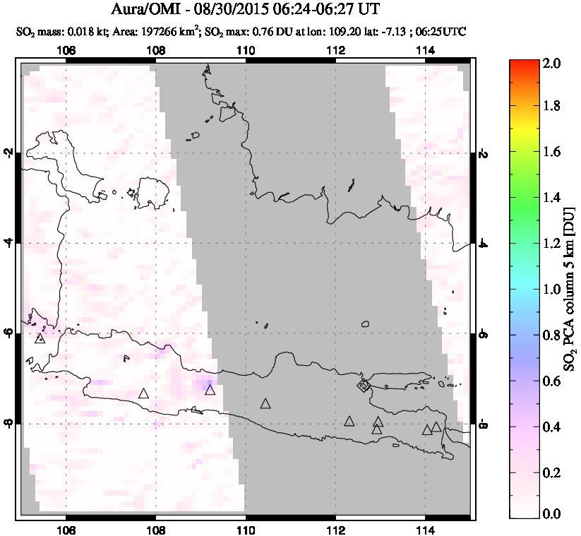 A sulfur dioxide image over Java, Indonesia on Aug 30, 2015.