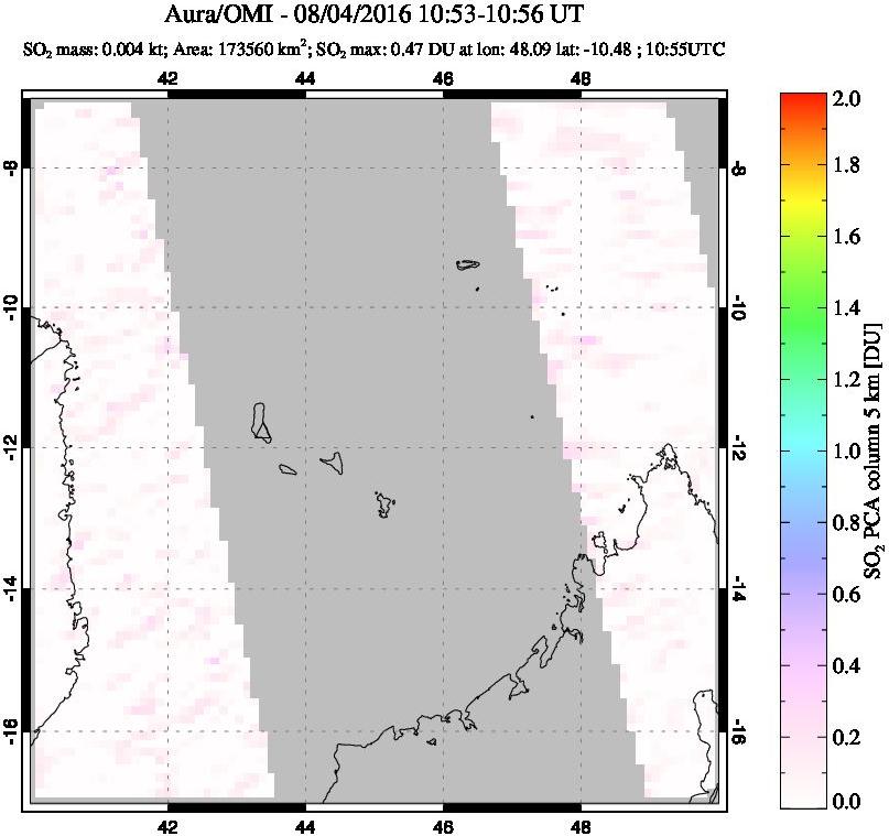 A sulfur dioxide image over Comoro Islands on Aug 04, 2016.