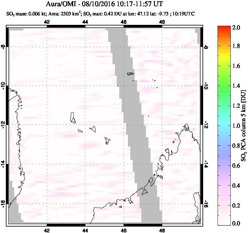 A sulfur dioxide image over Comoro Islands on Aug 10, 2016.