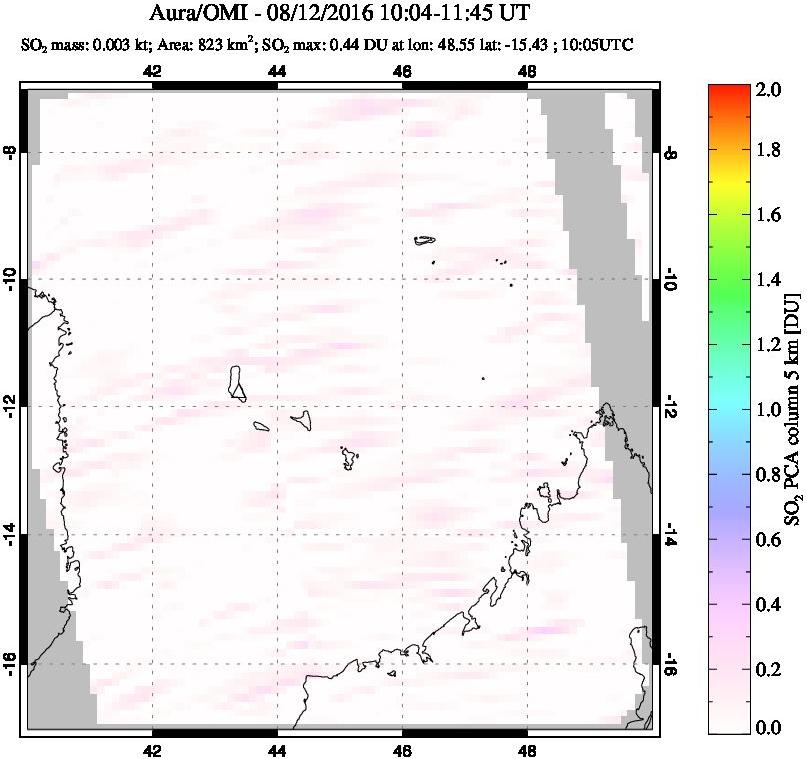 A sulfur dioxide image over Comoro Islands on Aug 12, 2016.