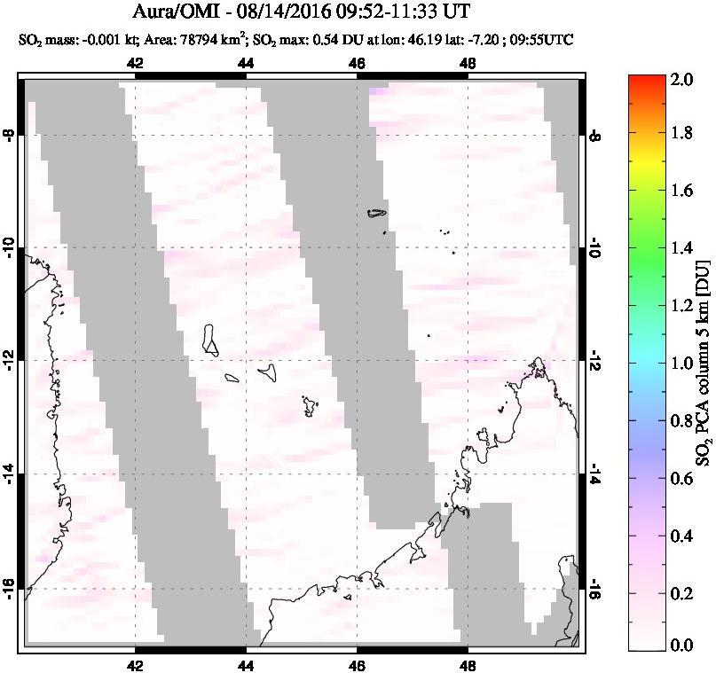 A sulfur dioxide image over Comoro Islands on Aug 14, 2016.
