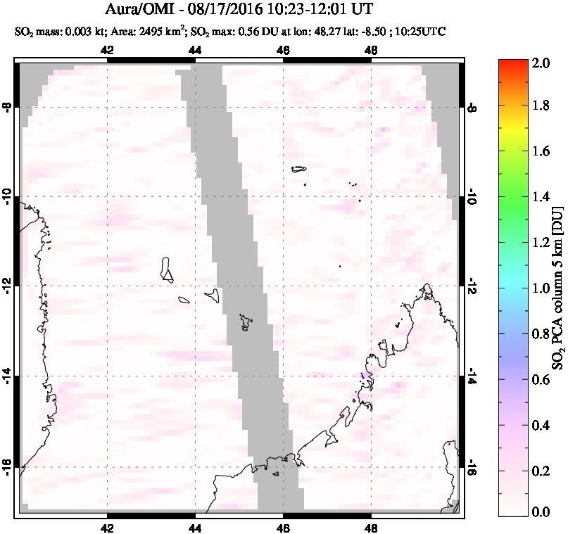 A sulfur dioxide image over Comoro Islands on Aug 17, 2016.