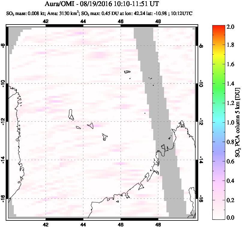 A sulfur dioxide image over Comoro Islands on Aug 19, 2016.