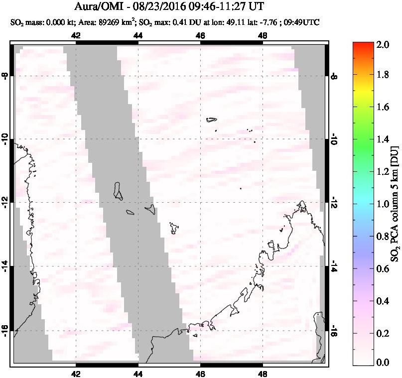 A sulfur dioxide image over Comoro Islands on Aug 23, 2016.