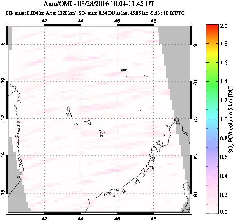 A sulfur dioxide image over Comoro Islands on Aug 28, 2016.