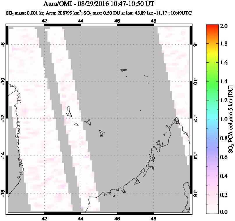 A sulfur dioxide image over Comoro Islands on Aug 29, 2016.