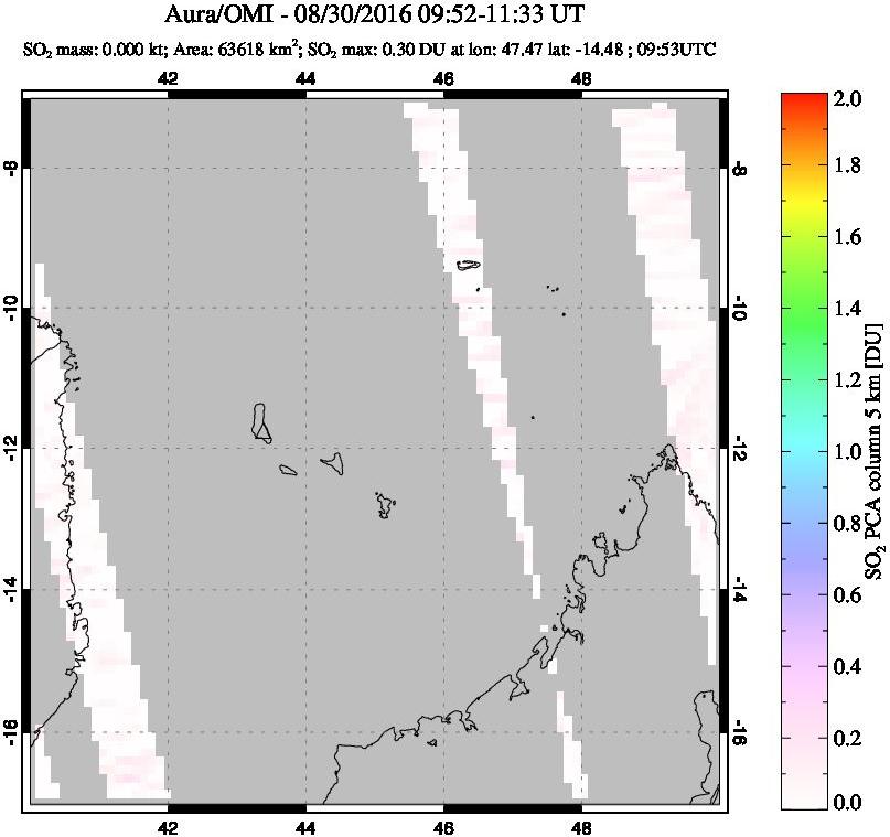 A sulfur dioxide image over Comoro Islands on Aug 30, 2016.