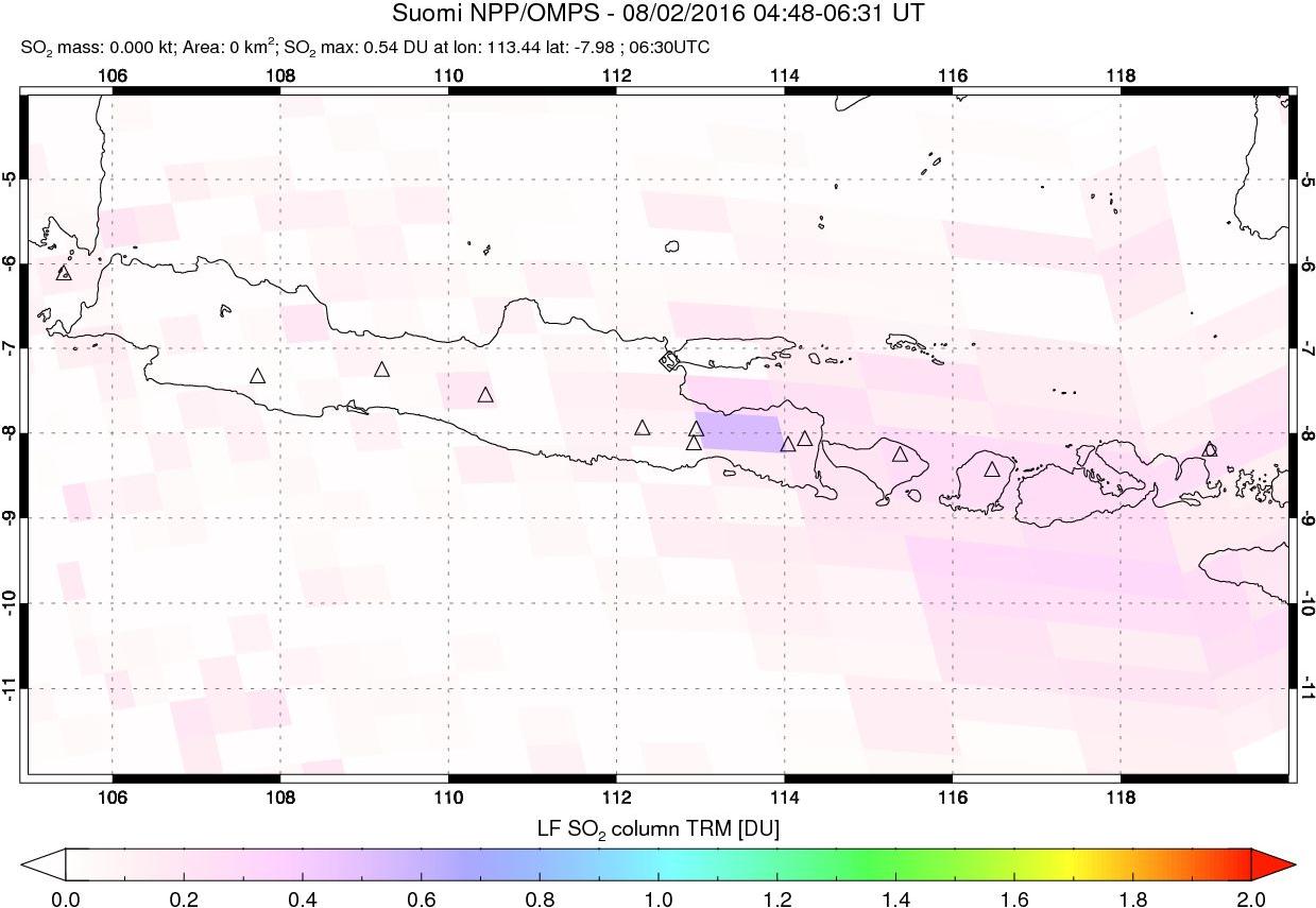 A sulfur dioxide image over Java, Indonesia on Aug 02, 2016.