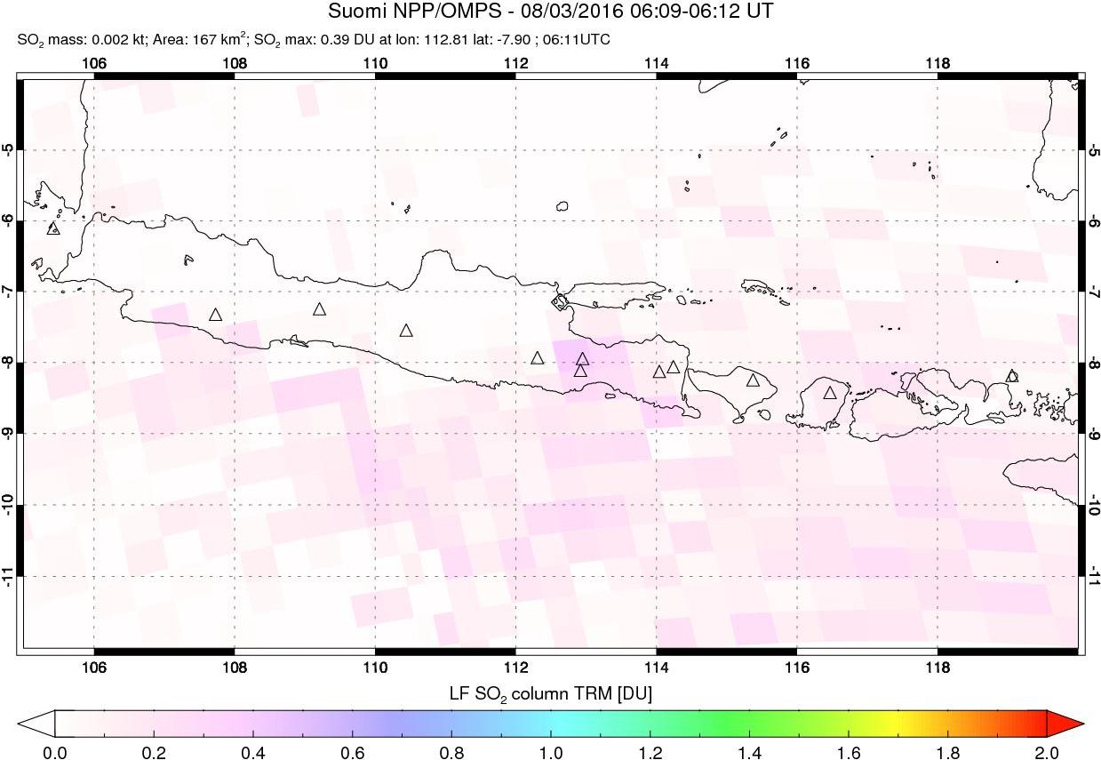 A sulfur dioxide image over Java, Indonesia on Aug 03, 2016.