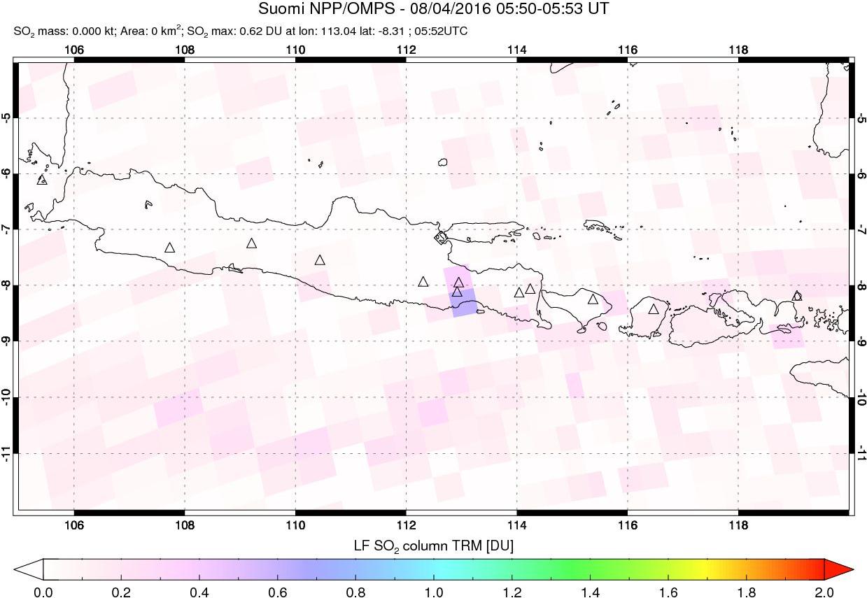 A sulfur dioxide image over Java, Indonesia on Aug 04, 2016.